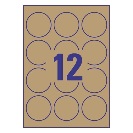 Stanzzeichnung Einzelbogen A4, Artikel: L7106-25, Naturbraune Etiketten, Format: ⌀ 60 mm, 12 Etiketten/Bogen