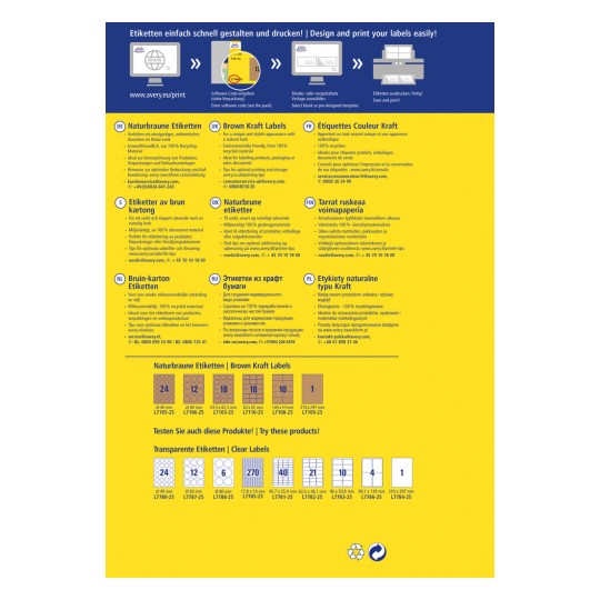 Das Bild zeigt verschiedene Etikettenprodukte von Avery, einschließlich brauner Kraftetiketten und transparenter Etiketten. Es enthält Anweisungen zum einfachen Entwerfen und Drucken von Etiketten, Details zu umweltfreundlichen Materialien und Abmessungen der verschiedenen Etiketten.