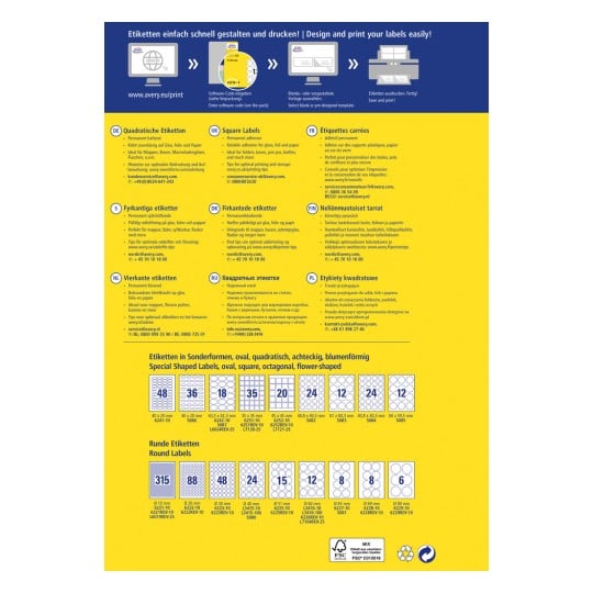 Das Bild zeigt einen Leitfaden zum Entwerfen und Drucken verschiedener Arten von Etiketten, einschließlich quadratischer, runder, rechteckiger und speziell geformter Etiketten. Es enthält Abmessungen und Produktcodes für verschiedene Etikettenformate und bietet Kontaktinformationen für den Kundendienst in verschiedenen Sprachen.