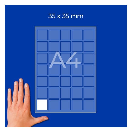A4-Blattlayout mit einem Raster aus 35×35-mm-Quadraten und einer Hand unten links?
