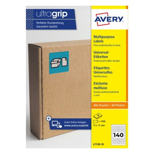 Karton mit blauer Avery-Ultragrip-Etikettenverpackung und Produktinformationsstreifen?