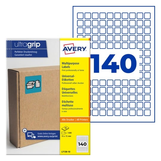 Avery Ultragrip-Mehrzwecketikettenpackung mit 140 kleinen quadratischen Etiketten und Kartonschachtel?