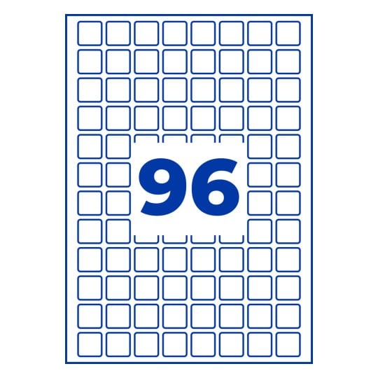 Große blaue Zahl 96, zentriert auf einem weißen Raster aus abgerundeten Quadraten?