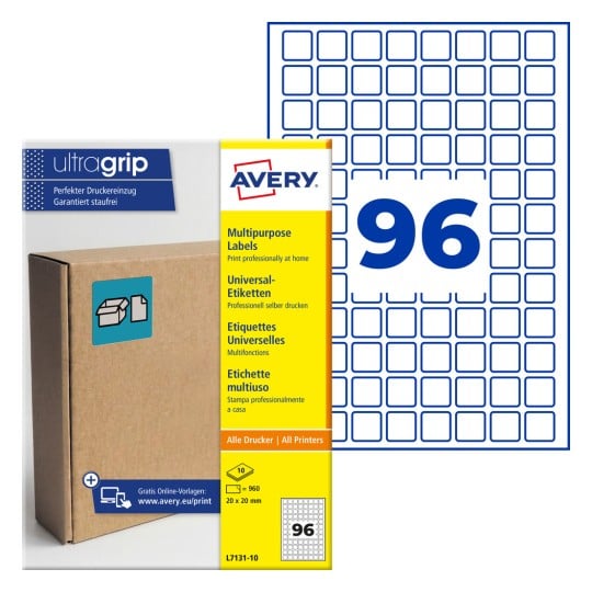 Avery Ultragrip-Mehrzwecketiketten-Packung mit 96 blauen quadratischen Etiketten und Verpackung?