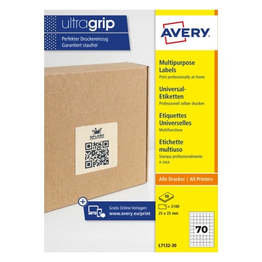 Brauner Karton mit einem quadratischen QR-Code-Etikett und einem Avery-Verpackungsstreifen?