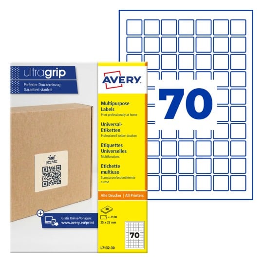 Gelbe Verpackung von Avery-Mehrzwecketiketten mit 70 kleinen quadratischen Etiketten und einer Kartonschachtel?