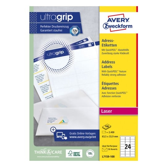 Packungsabbildung: Avery Zweckform Weiße Adress-Etiketten für Laserdrucker, Artikel:  L7159-100, Format: 63,5 x 33,9 mm, Druckereignung: Laser s/w,Farblaser, Inhalt: 2.400 Etiketten / 100 Bögen, 24 Etiketten/Bogen