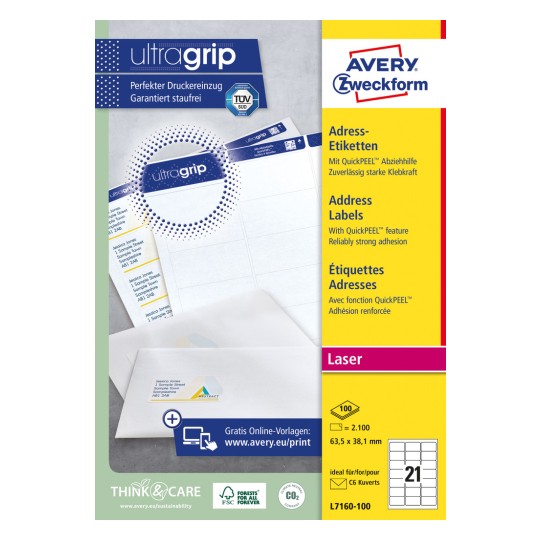 Packungsabbildung: Avery Zweckform Weiße Adress-Etiketten für Laserdrucker, Artikel:  L7160-100, Format: 63,5 x 38,1 mm, Druckereignung: Laser s/w,Farblaser, Inhalt: 2.100 Etiketten / 100 Bögen, 21 Etiketten/Bogen