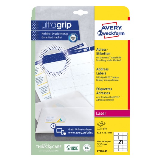 Packungsabbildung: Avery Zweckform Weiße Adress-Etiketten für Laserdrucker, Artikel:  L7160-40, Format: 63,5 x 38,1 mm, Druckereignung: Laser s/w,Farblaser, Inhalt: 840 Etiketten / 40 Bögen, 21 Etiketten/Bogen