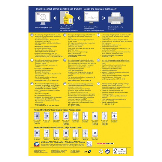 Dieses Bild zeigt Anweisungen und Informationen zur Avery-Label-Drucktechnologie, einschließlich Beschreibungen in mehreren Sprachen, Merkmalen der Ultragrid-Technologie und verschiedenen Label-Formaten für Laser- und Inkjet-Drucker.