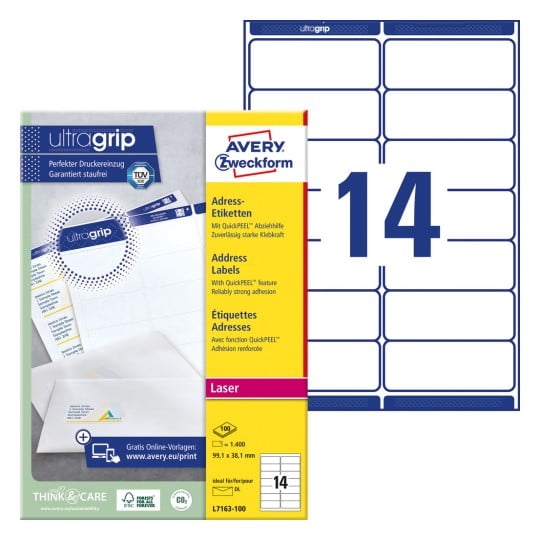 Packungsabbildung mit Etikettenbogen: Avery Zweckform Adress-Etiketten, Artikel: L7163-100, Format: 99,1 x 38,1 mm, Druckereignung: Laser s/w,Farblaser, Inhalt: 1.400 Etiketten / 100 Bögen, 14 Etiketten/Bogen