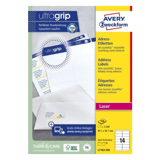 Packungsabbildung: Avery Zweckform Weiße Adress-Etiketten für Laserdrucker, Artikel:  L7163-250, Format: 99,1 x 38,1 mm, Druckereignung: Laser s/w,Farblaser, Inhalt: 3.500 Etiketten / 250 Bögen, 14 Etiketten/Bogen