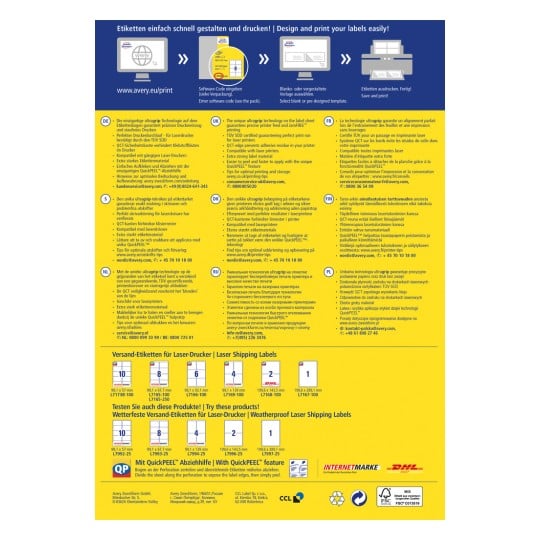 Das Bild ist ein Werbeflyer für Avery's Laserversandetiketten. Es hebt die Ultragrit-Technologie, die QuickPEEL-Funktion hervor und enthält Anweisungen zur Verwendung der Etiketten in mehreren Sprachen. Es enthält Produktcodes, Tipps für optimales Drucken und eine Liste verwandter Produkte.