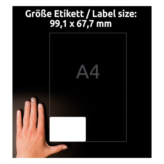 Das Bild zeigt eine Hand neben einem transparenten Etikettengrößenführer. Die Etikettmaße sind 99,1 x 67,7 mm, und es weist auf das A4-Format hin.