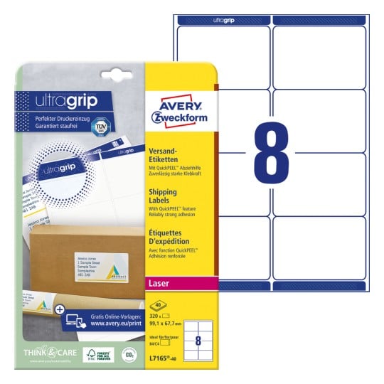 Packungsabbildung mit Etikettenbogen: Avery Zweckform Versand-Etiketten, Artikel: L7165-40, Format: 99,1 x 67,7 mm, Druckereignung: Laser s/w,Farblaser, Inhalt: 320 Etiketten / 40 Bögen, 8 Etiketten/Bogen