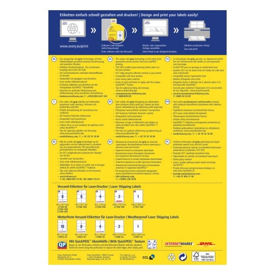 Das Bild zeigt Informationen über das Entwerfen und Drucken von Etiketten, mit Details wie Kompatibilität mit Laserdruckern, der QuickPEEL-Funktion für einfachere Anwendung und verschiedenen Etikettengrößen.