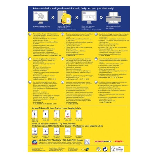 Das Bild ist ein Werbeflyer oder eine Anleitung für Avery Laser-Versandetiketten. Es beschreibt die Eigenschaften und Vorteile der Etiketten, die Drucktechnologie und bietet Kontaktinformationen in mehreren Sprachen, darunter Deutsch, Englisch, Französisch, Niederländisch, Dänisch, Finnisch, Polnisch und Russisch.