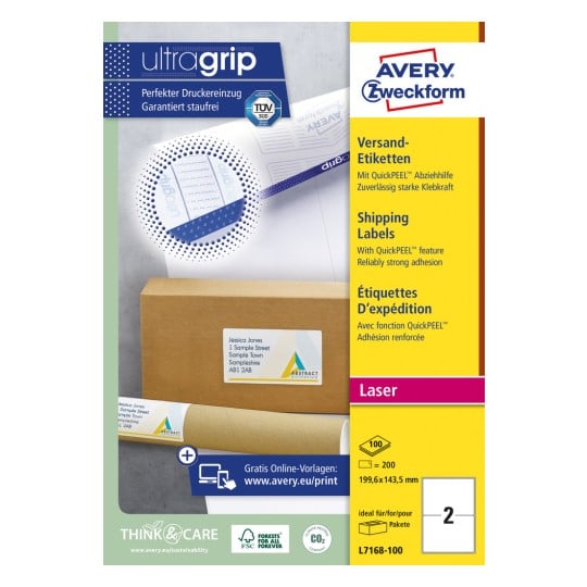 Packungsabbildung: Avery Zweckform Weiße Versand-Etiketten, Artikel:  L7168-100, Format: 199,6 x 143,5 mm, Druckereignung: Laser s/w,Farblaser, Inhalt: 200 Etiketten / 100 Bögen, 2 Etiketten/Bogen