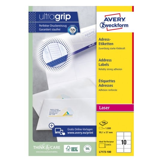 Packungsabbildung: Avery Zweckform Weiße Adress-Etiketten für Laserdrucker, Artikel:  L7173-100, Format: 99,1 x 57 mm, Druckereignung: Laser s/w,Farblaser, Inhalt: 1.000 Etiketten / 100 Bögen, 10 Etiketten/Bogen