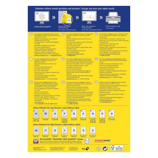 Das Bild enthält Informationen über Averys Etikettendrucktechnologie, einschließlich der Kompatibilität mit Laserdruckern, der QuickPEEL-Funktion und Anleitungen zur Verwendung von Vorlagen für Etikettenprodukte. Es präsentiert die Vorteile ihrer Ultragraphic-Technologie und listet verschiedene Größen und Arten von Adressetiketten für sowohl Laser- als auch Tintenstrahldrucker auf.