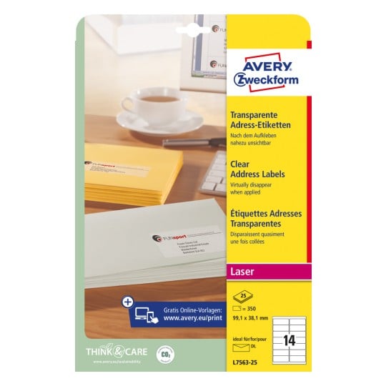 Packungsabbildung: Avery Zweckform Transparente Versand-Etiketten, für Laserdrucker, Artikel:  L7563-25, Format: 99,1 x 38,1 mm, Druckereignung: Laser s/w,Farblaser, Inhalt: 350 Etiketten / 25 Bögen, 14 Etiketten/Bogen