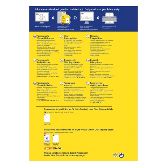 Das Bild zeigt einen Werbeflyer für Avery's transparente Versandetiketten. Es enthält Anweisungen in mehreren Sprachen und hebt die Kompatibilität mit Laser- und Tintenstrahldruckern hervor. Es gibt verschiedene Etikettenoptionen und Vorlagen für ein einfaches Design und Drucken.
