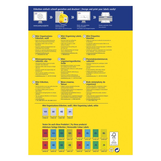 Eine Informationsgrafik für Averys Mini-Organisationsetiketten, die Anleitungen in mehreren Sprachen enthält, wie man Etiketten schnell entwirft und druckt. Sie umfasst verschiedene Etikettengrößen und Optionen sowie Kontaktdaten des Kundenservice.