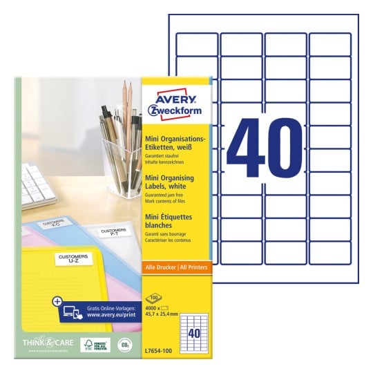 Packungsabbildung mit Etikettenbogen: Avery Zweckform Mini-Organisations-Etiketten, Artikel: L7654-100, Format: 45,7 x 25,4 mm, Druckereignung: Inkjet,Laser s/w,Farblaser, Inhalt: 4.000 Etiketten / 100 Bögen, 40 Etiketten/Bogen