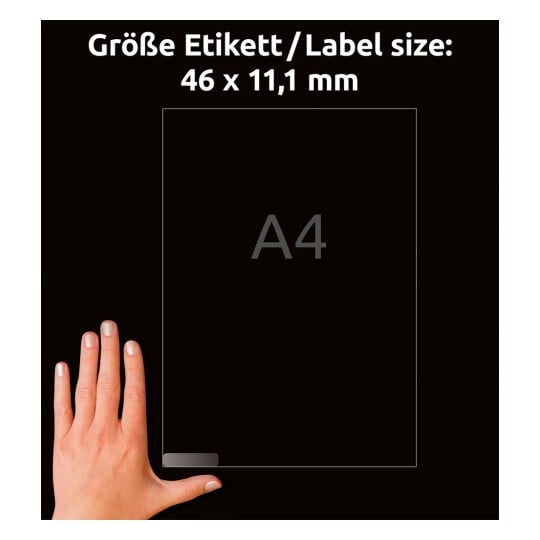 Größenvergleich mit Hand, Artikel: L7656-25, ein Bogen Mini-Organisations-Etiketten, Format: 46 x 11,1 mm, Farbe: Weiß