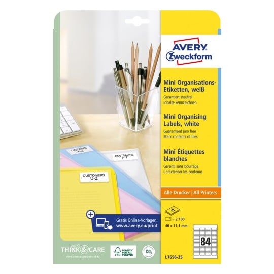 Packungsabbildung: Avery Zweckform Mini Organisations-Etiketten, Artikel:  L7656-25, Format: 46 x 11,1 mm, Druckereignung: Inkjet,Laser s/w,Farblaser, Inhalt: 2.100 Etiketten / 25 Bögen, 84 Etiketten/Bogen