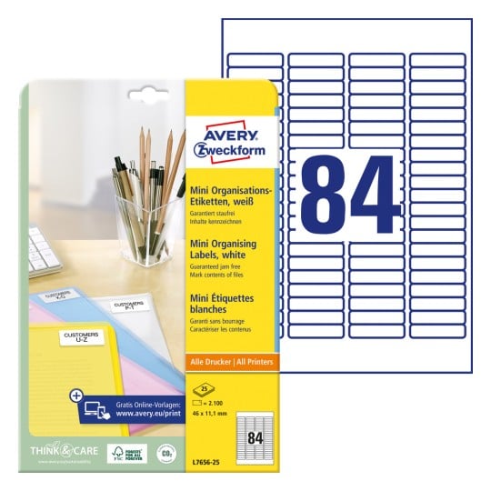 Packungsabbildung mit Etikettenbogen: Avery Zweckform Mini-Organisations-Etiketten, Artikel: L7656-25, Format: 46 x 11,1 mm, Druckereignung: Inkjet,Laser s/w,Farblaser, Inhalt: 2.100 Etiketten / 25 Bögen, 84 Etiketten/Bogen