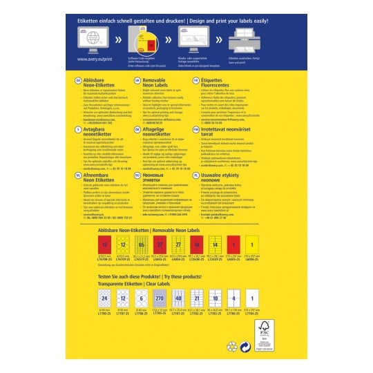 Das Bild ist ein informativer Flyer über abnehmbare Neon-Etiketten von Avery, der Details in mehreren Sprachen, Designoptionen und Produktspezifikationen enthält.