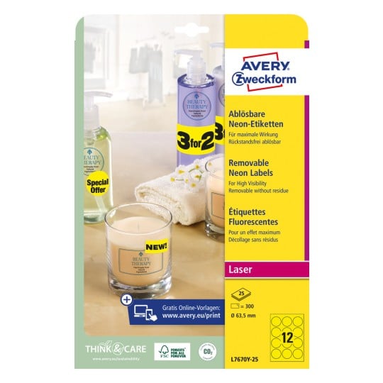 Packungsabbildung: Avery Zweckform Neon-Etiketten, Artikel:  L7670Y-25, Format: ⌀ 63.5 mm, Druckereignung: Laser s/w,Farblaser, Inhalt: 300 Etiketten / 25 Bögen, 12 Etiketten/Bogen