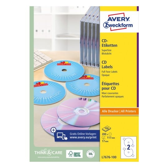 Packungsabbildung: Avery Zweckform CD-Etiketten SuperSize, Artikel:  L7676-100, Format: ⌀ 117 mm, Druckereignung: Inkjet,Laser s/w,Farblaser, Inhalt: 200 Etiketten / 100 Bögen, 2 Etiketten/Bogen