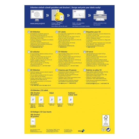 Dieses Bild ist eine Broschüre oder ein Informationsblatt über CD-Etiketten, das Texte und Grafiken in mehreren Sprachen enthält und das Produkt sowie Druckanleitungen beschreibt.