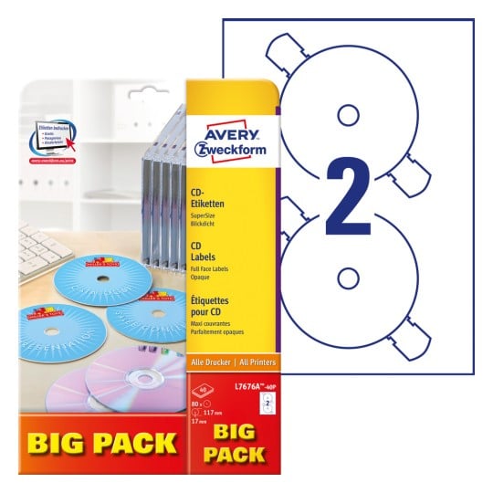 Packungsabbildung mit Etikettenbogen: Avery Zweckform CD-Etiketten SuperSize, Artikel: L7676A-40P, Format: ⌀ 117 mm, Druckereignung: Inkjet,Laser s/w,Farblaser, Inhalt: 80 Etiketten / 40 Bögen, 2 Etiketten/Bogen