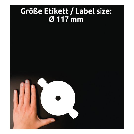 Größenvergleich mit Hand, Artikel: L7760-25, ein Bogen CD-Etiketten SuperSize, Format: ⌀ 117 mm, Farbe: Weiß