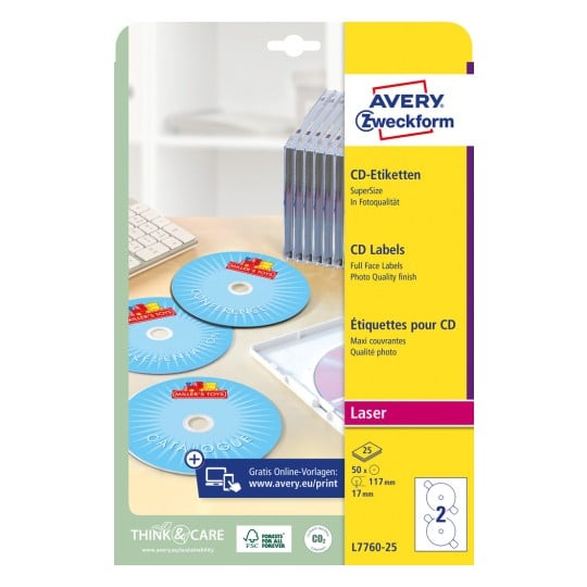 Packungsabbildung: Avery Zweckform CD-Etiketten SuperSize, Artikel:  L7760-25, Format: ⌀ 117 mm, Druckereignung: Laser s/w,Farblaser, Inhalt: 50 Etiketten / 25 Bögen, 2 Etiketten/Bogen