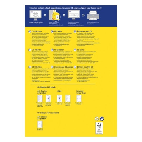 Das Bild enthält Informationen über CD-Etiketten und Druckoptionen von Avery, einschließlich Anweisungen in mehreren Sprachen, Druckerkompatibilität und Produktspezifikationen.