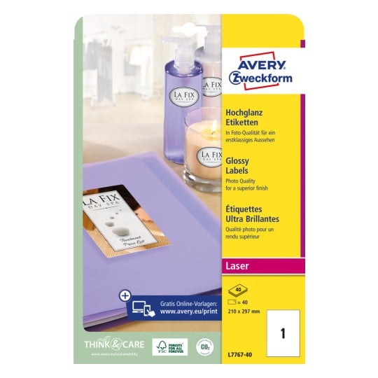 Packungsabbildung: Avery Zweckform Hochglanz-Etiketten, Artikel:  L7767-40, Format: 210 x 297 mm, Druckereignung: Laser s/w,Farblaser, Inhalt: 40 Etiketten / 40 Bögen, 1 Etiketten/Bogen