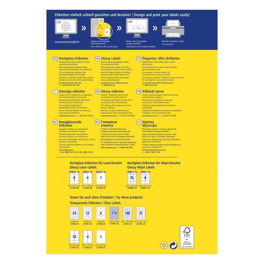 Das Bild ist ein Informationsflyer über Avery's glänzende Etiketten zum Drucken, der verschiedene Etikettengrößen, Anleitungen und Kontaktdaten in mehreren Sprachen enthält.