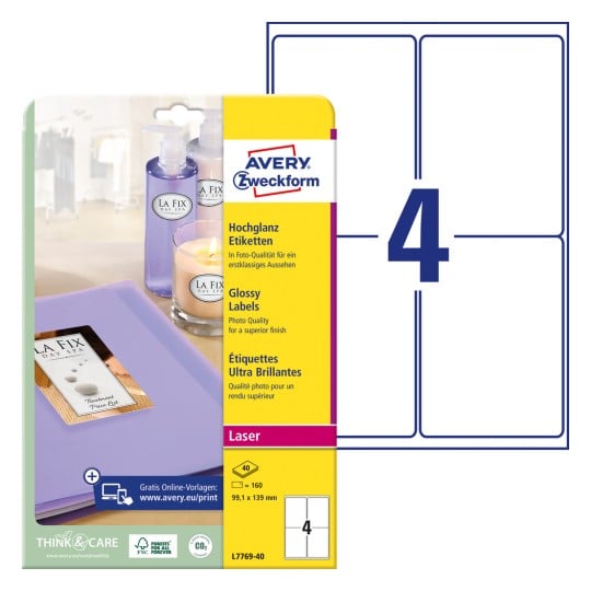 Packungsabbildung mit Etikettenbogen: Avery Zweckform Hochglanz-Etiketten, Artikel: L7769-40, Format: 99,1 x 139 mm, Druckereignung: Laser s/w,Farblaser, Inhalt: 160 Etiketten / 40 Bögen, 4 Etiketten/Bogen