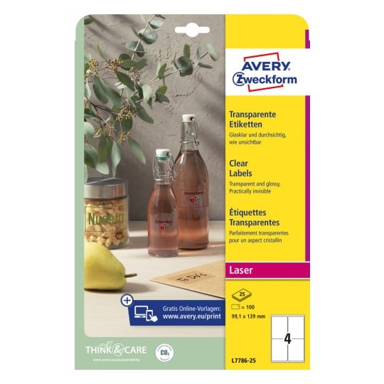 Packungsabbildung: Avery Zweckform Transparent Labels, Artikel:  L7786-25, Format: 99,1 x 139 mm, Druckereignung: Laser s/w,Farblaser, Inhalt: 100 Etiketten / 25 Bögen, 4 Etiketten/Bogen