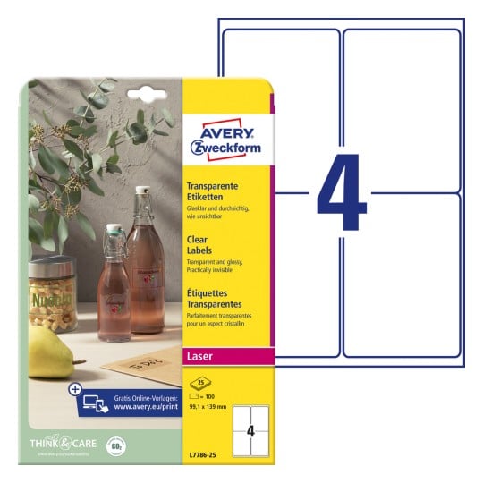 Packungsabbildung mit Etikettenbogen: Avery Zweckform Transparente Etiketten, Artikel: L7786-25, Format: 99,1 x 139 mm, Druckereignung: Laser s/w,Farblaser, Inhalt: 100 Etiketten / 25 Bögen, 4 Etiketten/Bogen