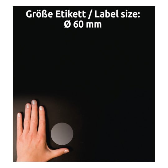Größenvergleich mit Hand, Artikel: L7787-25, ein Bogen Transparente Etiketten, Format: ⌀ 60 mm, Farbe: Transparent