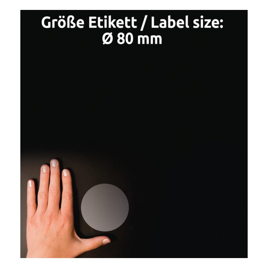 Größenvergleich mit Hand, Artikel: L7788-25, ein Bogen Transparente Etiketten, Format: ⌀ 80 mm, Farbe: Transparent