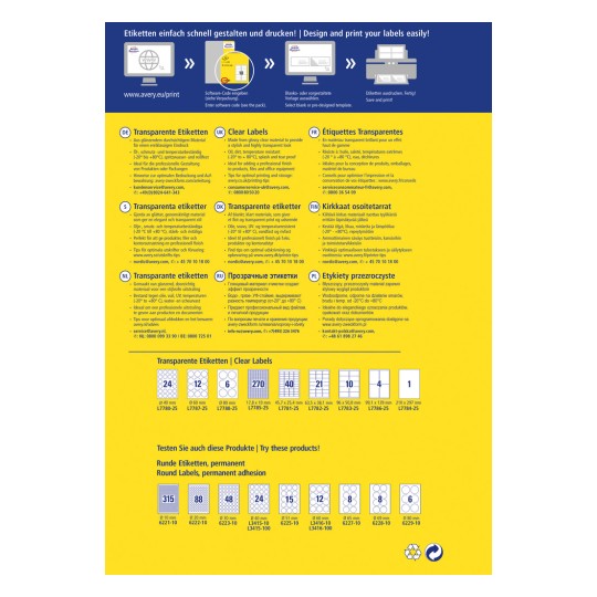 Das Bild ist eine Werbegrafik für Avery-Etiketten und präsentiert verschiedene Arten von klaren und transparenten Etiketten, mit Informationen zu ihren Eigenschaften, Gebrauchsanweisungen und Kontaktdetails in mehreren Sprachen.