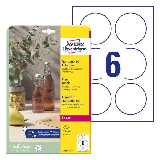 Packungsabbildung mit Etikettenbogen: Avery Zweckform Transparente Etiketten, Artikel: L7788-25, Format: ⌀ 80 mm, Druckereignung: Laser s/w,Farblaser, Inhalt: 150 Etiketten / 25 Bögen, 6 Etiketten/Bogen