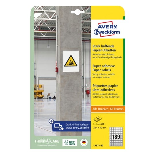 Packungsabbildung: Avery Zweckform Stark haftende Papier-Etiketten, Artikel:  L7871-20, Format: 25,4 x 10 mm, Druckereignung: Inkjet,Laser s/w,Farblaser, Inhalt: 3.780 Etiketten / 20 Bögen, 189 Etiketten/Bogen