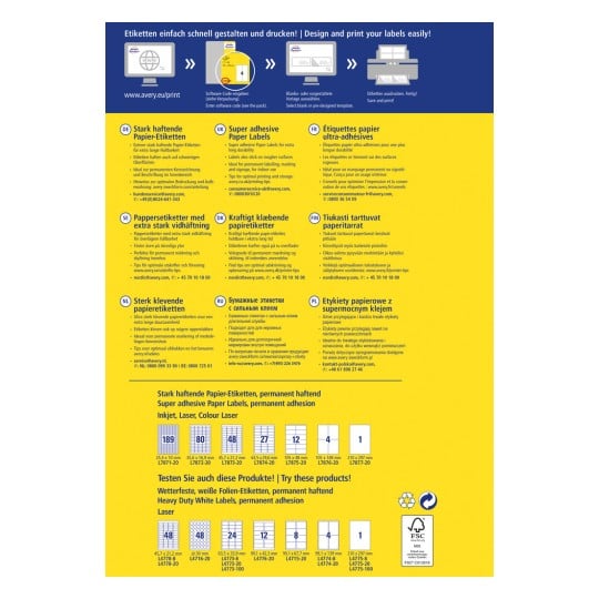 Das Bild enthält Informationen über verschiedene selbstklebende Papieretiketten von Avery. Es enthält Details zu verschiedenen Arten von Etiketten, deren Größen, Anwendungen und zusätzliche Ressourcen für Design und Druck. Das Layout enthält Anweisungen in mehreren Sprachen neben Produktspezifikationen und Kontaktinformationen.